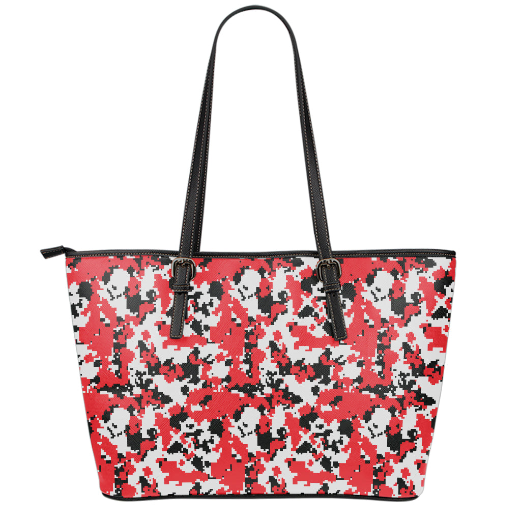 Red White And Black Digital Camo Print Leather Tote Bag