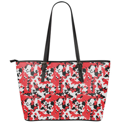 Red White And Black Digital Camo Print Leather Tote Bag