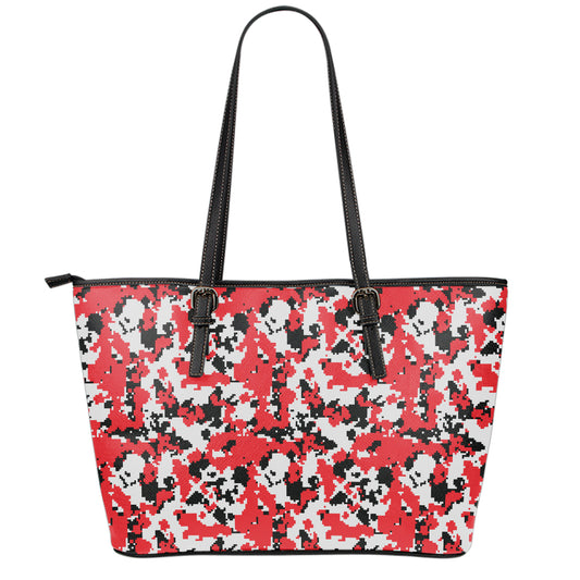 Red White And Black Digital Camo Print Leather Tote Bag