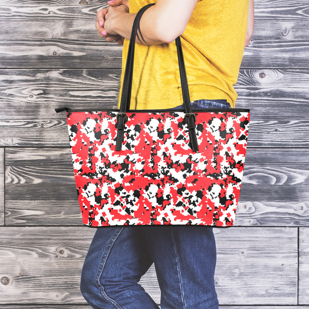 Red White And Black Digital Camo Print Leather Tote Bag