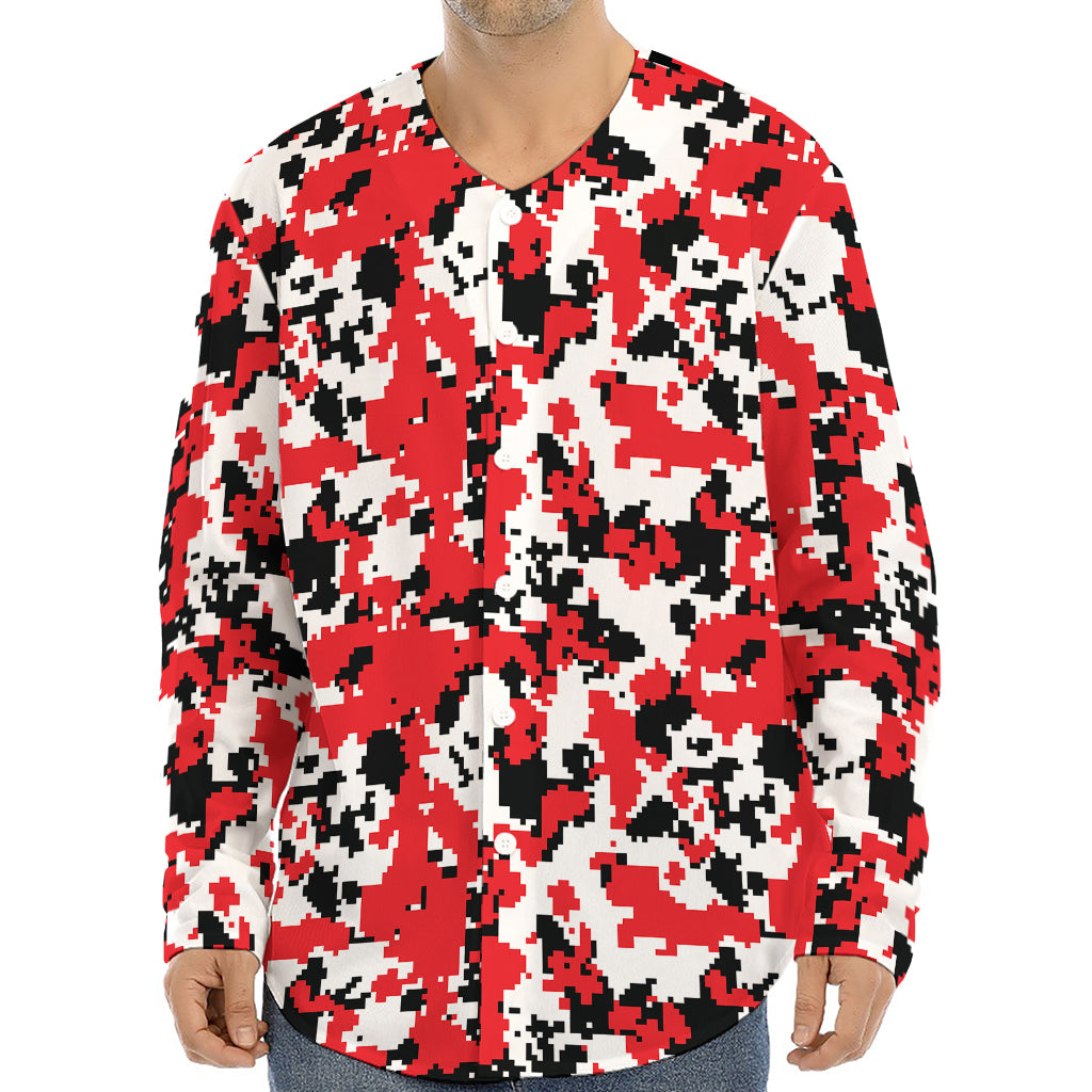 Red White And Black Digital Camo Print Long Sleeve Baseball Jersey