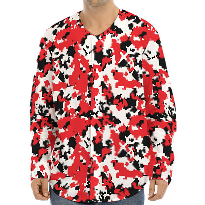 Red White And Black Digital Camo Print Long Sleeve Baseball Jersey