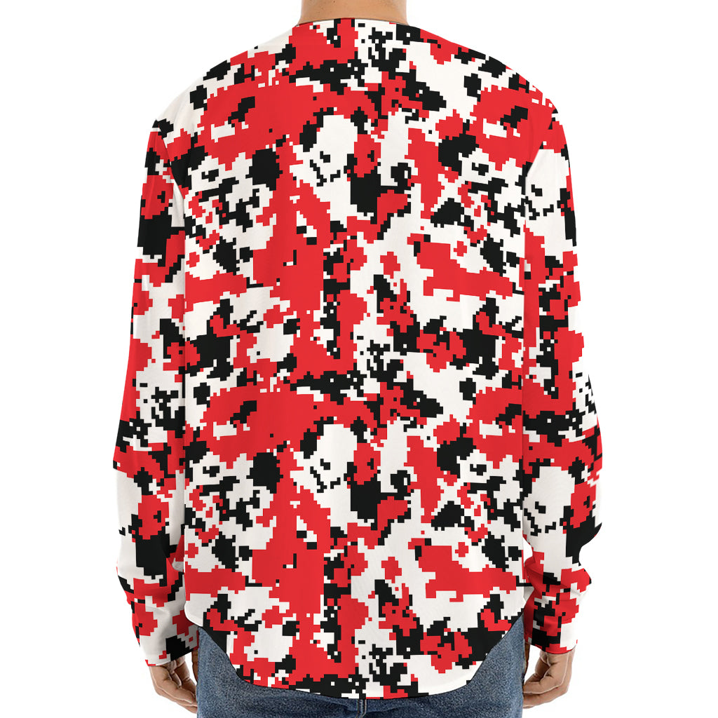 Red White And Black Digital Camo Print Long Sleeve Baseball Jersey