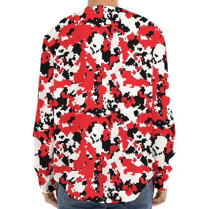 Red White And Black Digital Camo Print Long Sleeve Baseball Jersey
