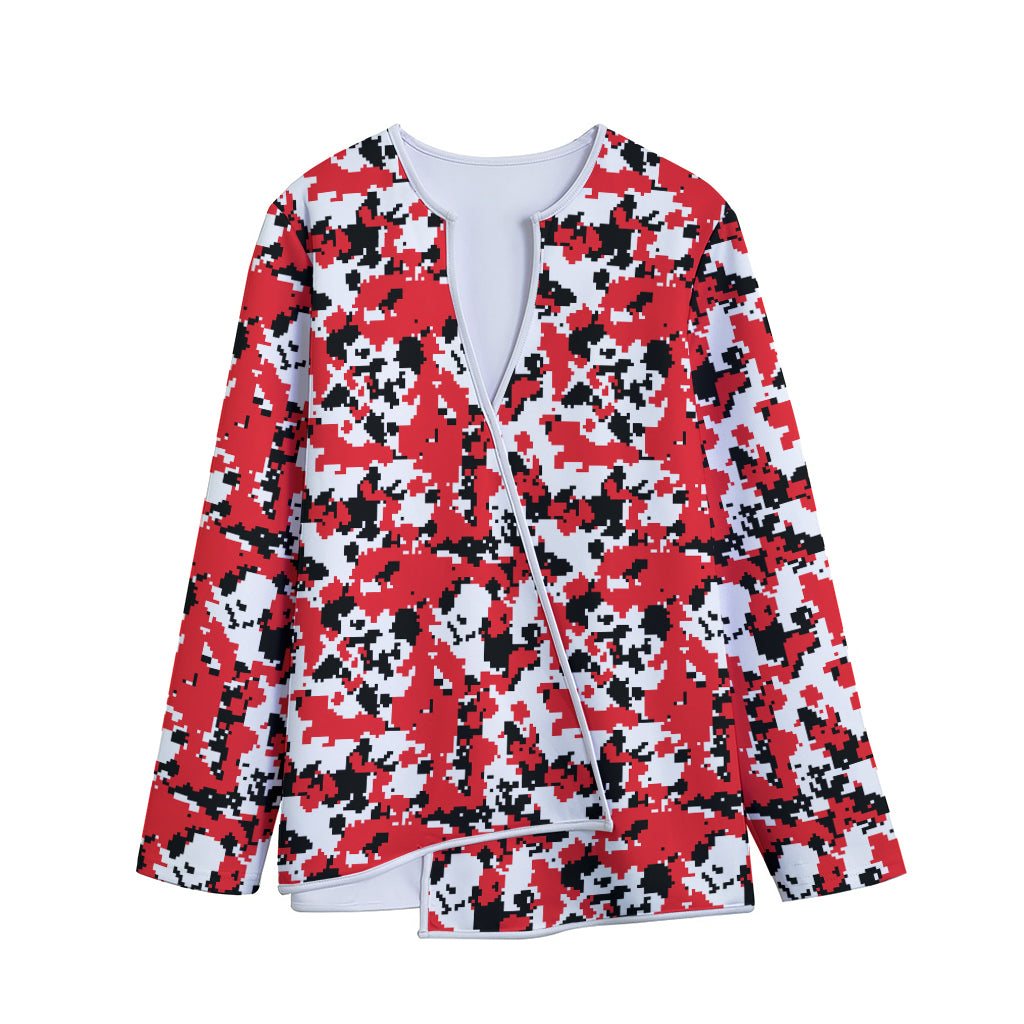 Red White And Black Digital Camo Print Long Sleeve Short Coat