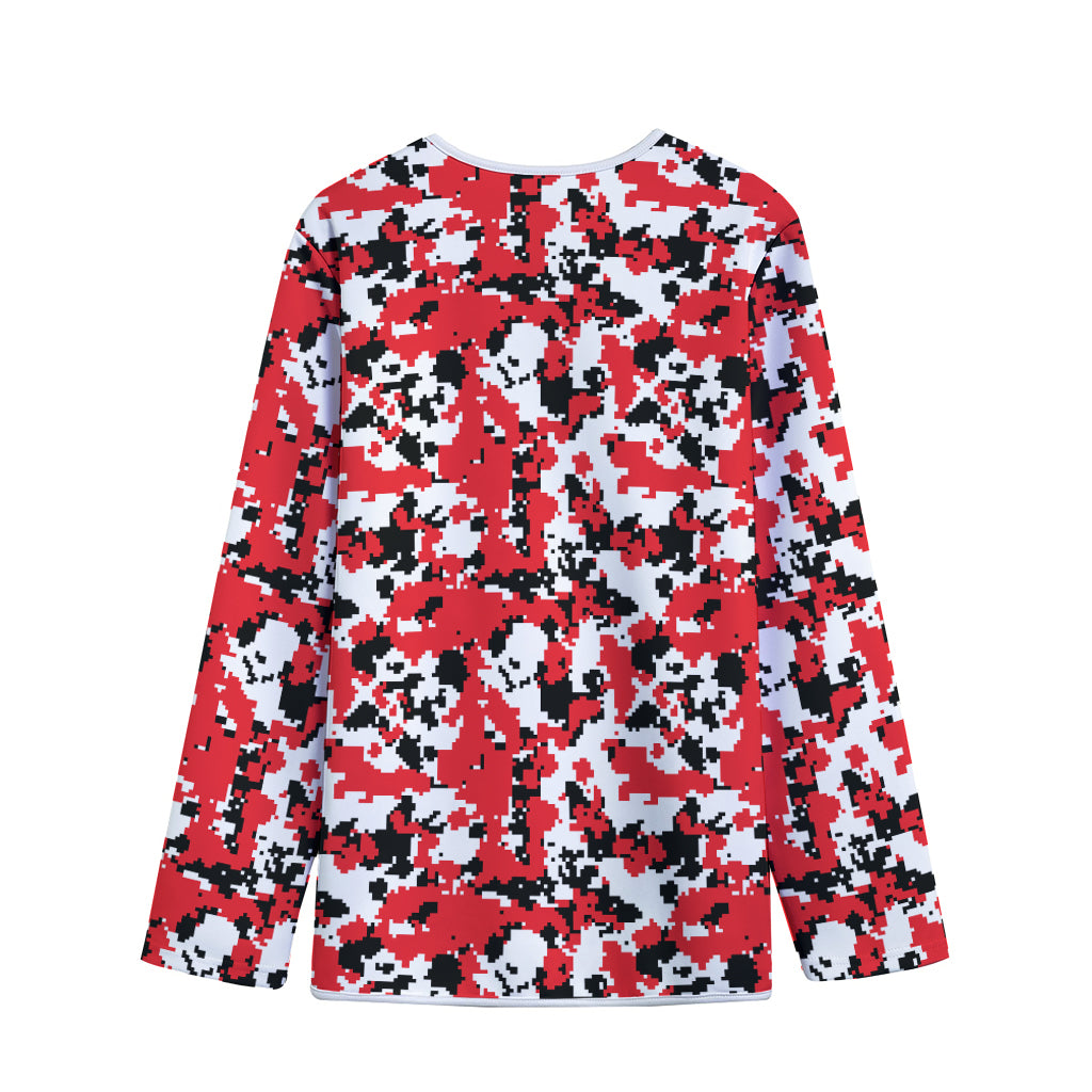 Red White And Black Digital Camo Print Long Sleeve Short Coat