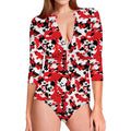 Red White And Black Digital Camo Print Long Sleeve Swimsuit