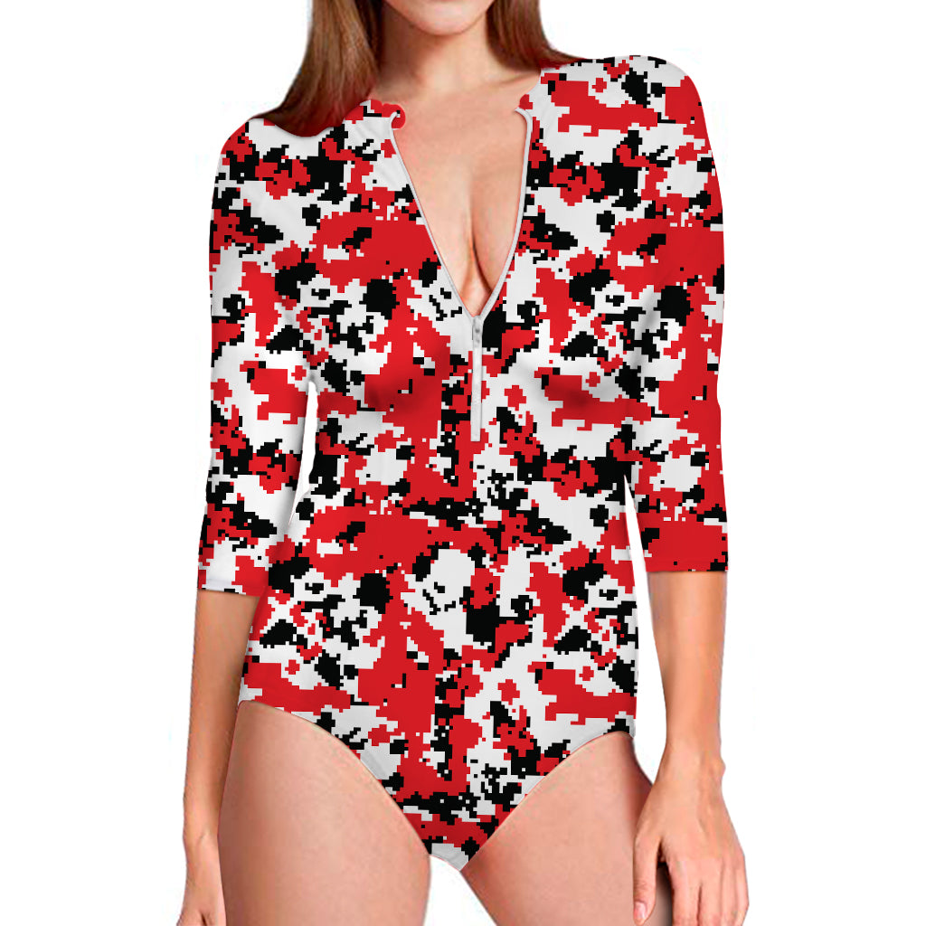 Red White And Black Digital Camo Print Long Sleeve Swimsuit