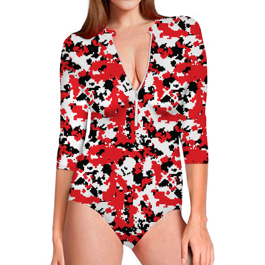 Red White And Black Digital Camo Print Long Sleeve Swimsuit