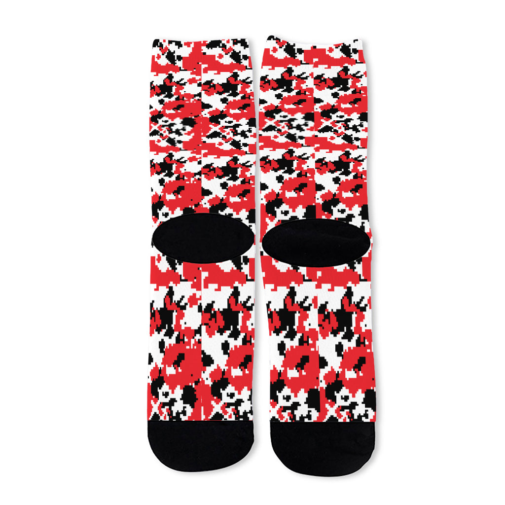 Red White And Black Digital Camo Print Long Socks