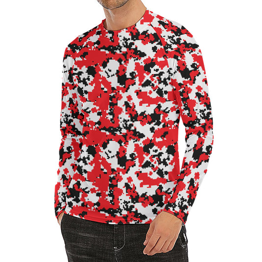 Red White And Black Digital Camo Print Men's Long Sleeve Rash Guard