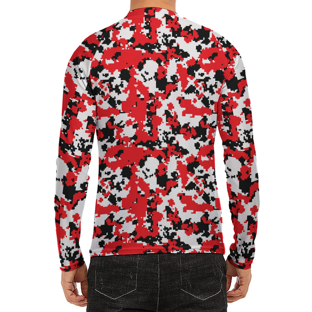 Red White And Black Digital Camo Print Men's Long Sleeve Rash Guard