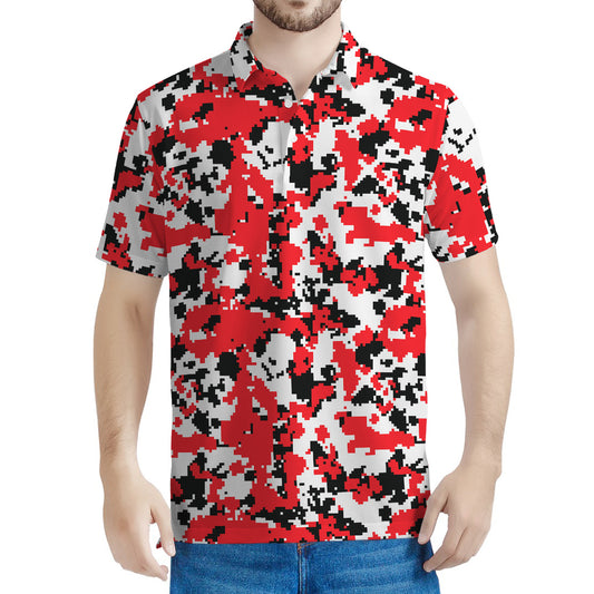 Red White And Black Digital Camo Print Men's Polo Shirt