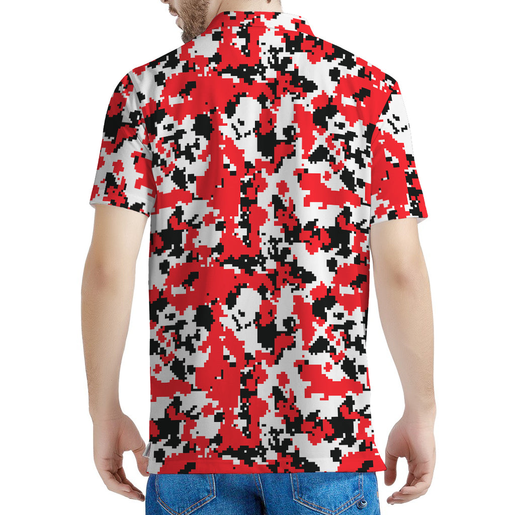 Red White And Black Digital Camo Print Men's Polo Shirt