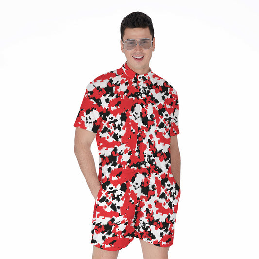 Red White And Black Digital Camo Print Men's Rompers