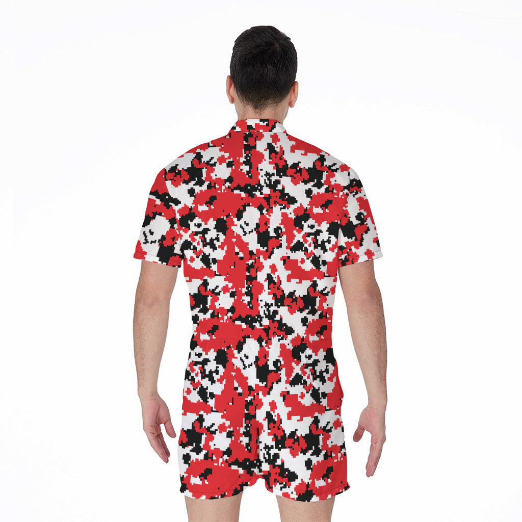 Red White And Black Digital Camo Print Men's Rompers