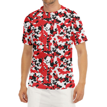 Red White And Black Digital Camo Print Men's Short Sleeve Rash Guard