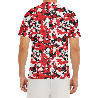 Red White And Black Digital Camo Print Men's Short Sleeve Rash Guard