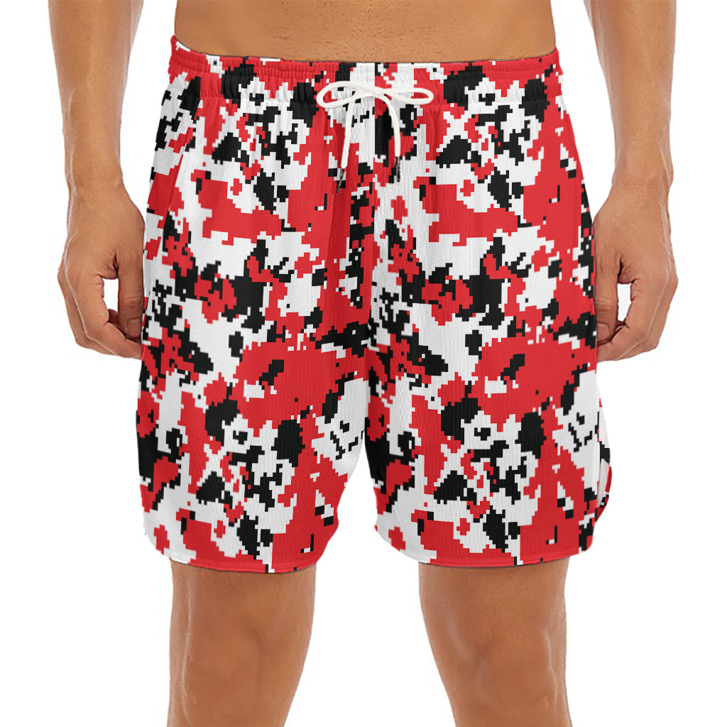 Red White And Black Digital Camo Print Men's Split Running Shorts