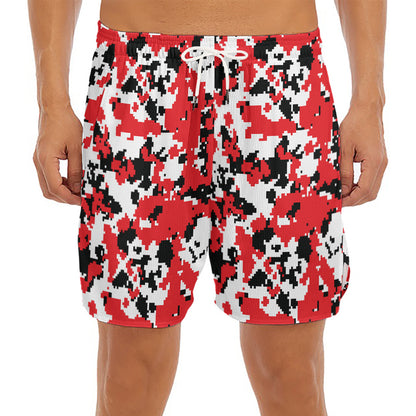 Red White And Black Digital Camo Print Men's Split Running Shorts