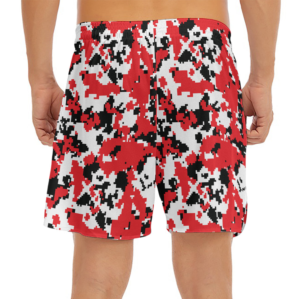 Red White And Black Digital Camo Print Men's Split Running Shorts