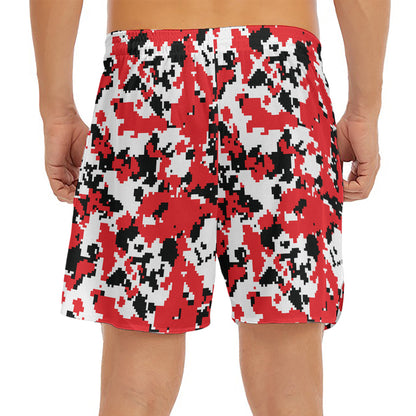 Red White And Black Digital Camo Print Men's Split Running Shorts
