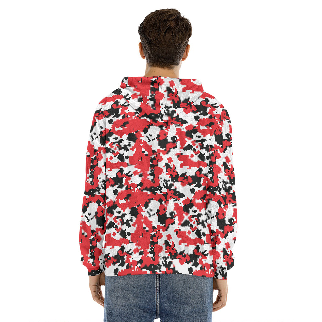 Red White And Black Digital Camo Print Men's Velvet Pullover Hoodie