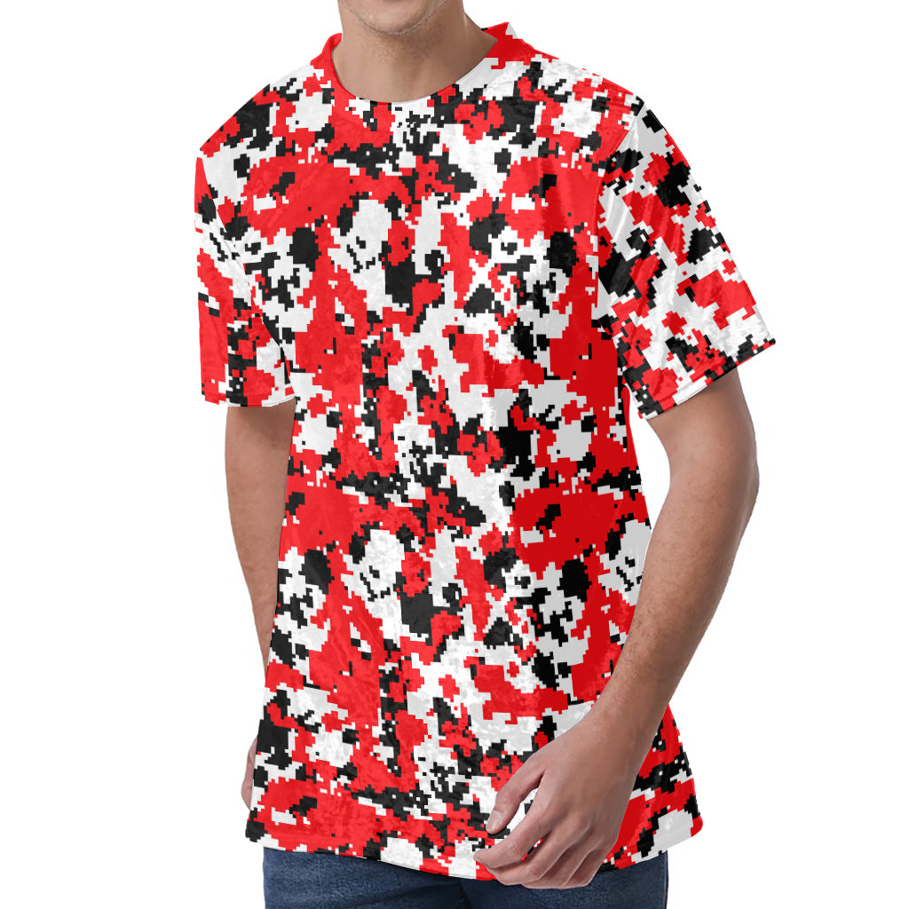 Red White And Black Digital Camo Print Men's Velvet T-Shirt