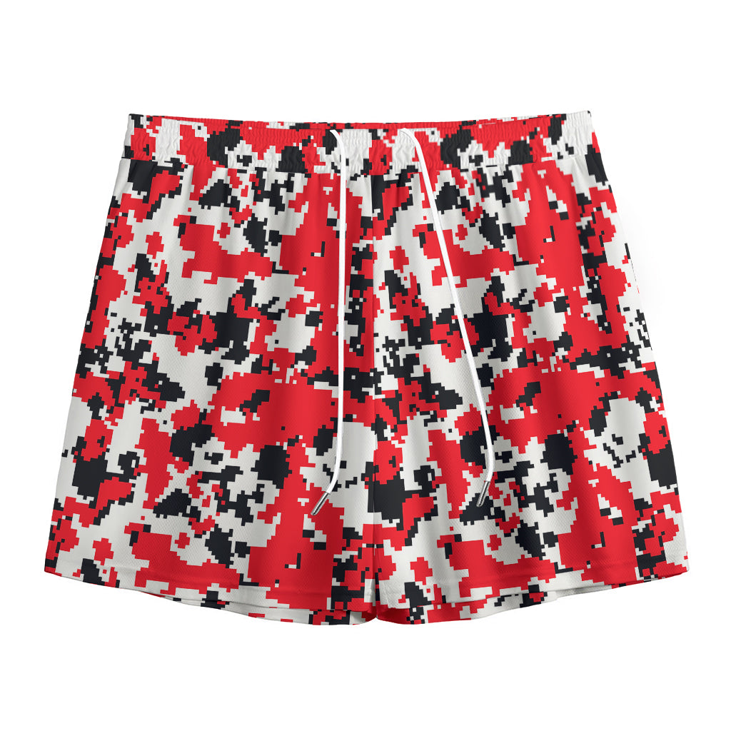 Red White And Black Digital Camo Print Mesh Shorts