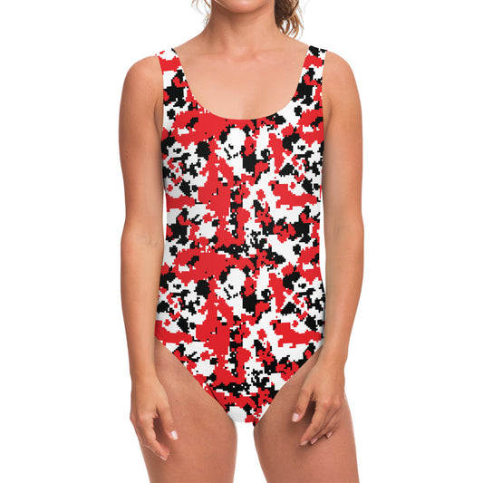 Red White And Black Digital Camo Print One Piece Swimsuit