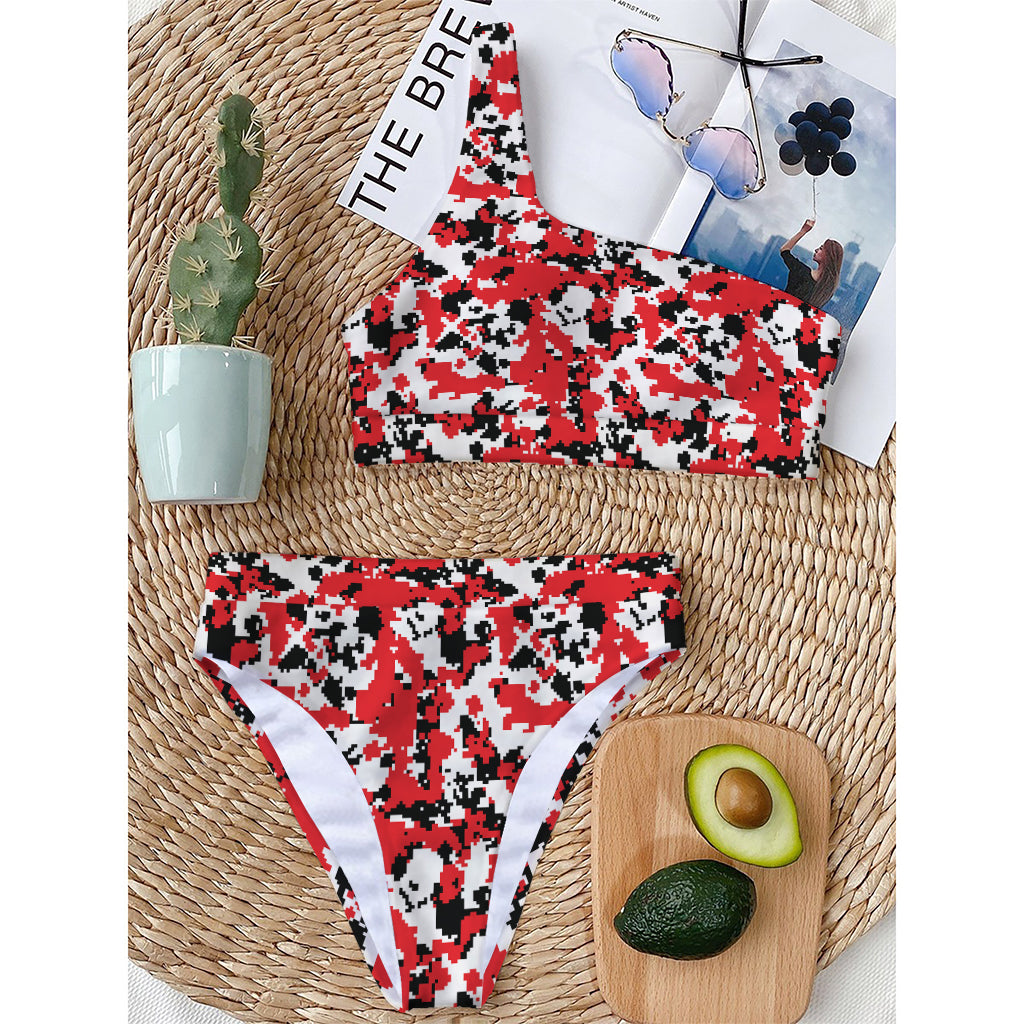 Red White And Black Digital Camo Print One Shoulder Bikini Top