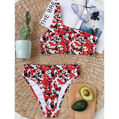 Red White And Black Digital Camo Print One Shoulder Bikini Top