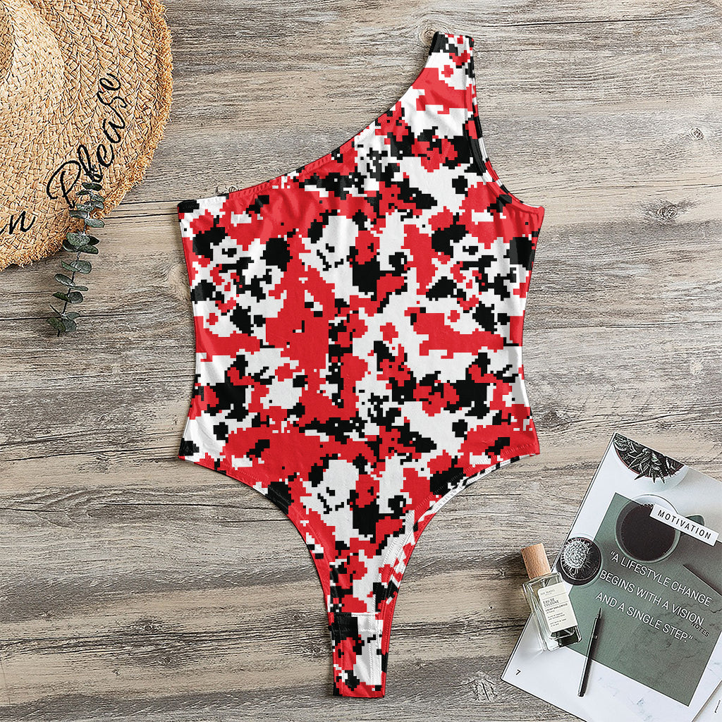 Red White And Black Digital Camo Print One Shoulder Bodysuit