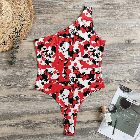 Red White And Black Digital Camo Print One Shoulder Bodysuit