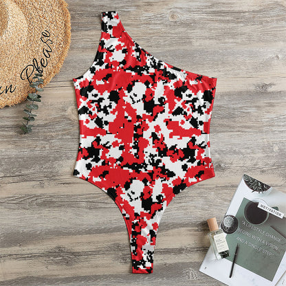 Red White And Black Digital Camo Print One Shoulder Bodysuit