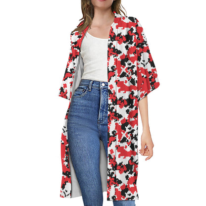 Red White And Black Digital Camo Print Open Front Beach Cover Up