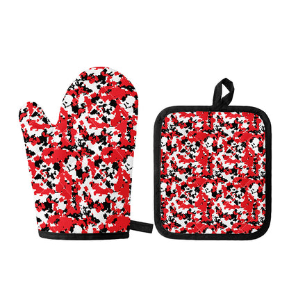 Red White And Black Digital Camo Print Oven Mitt And Pot Holder Set