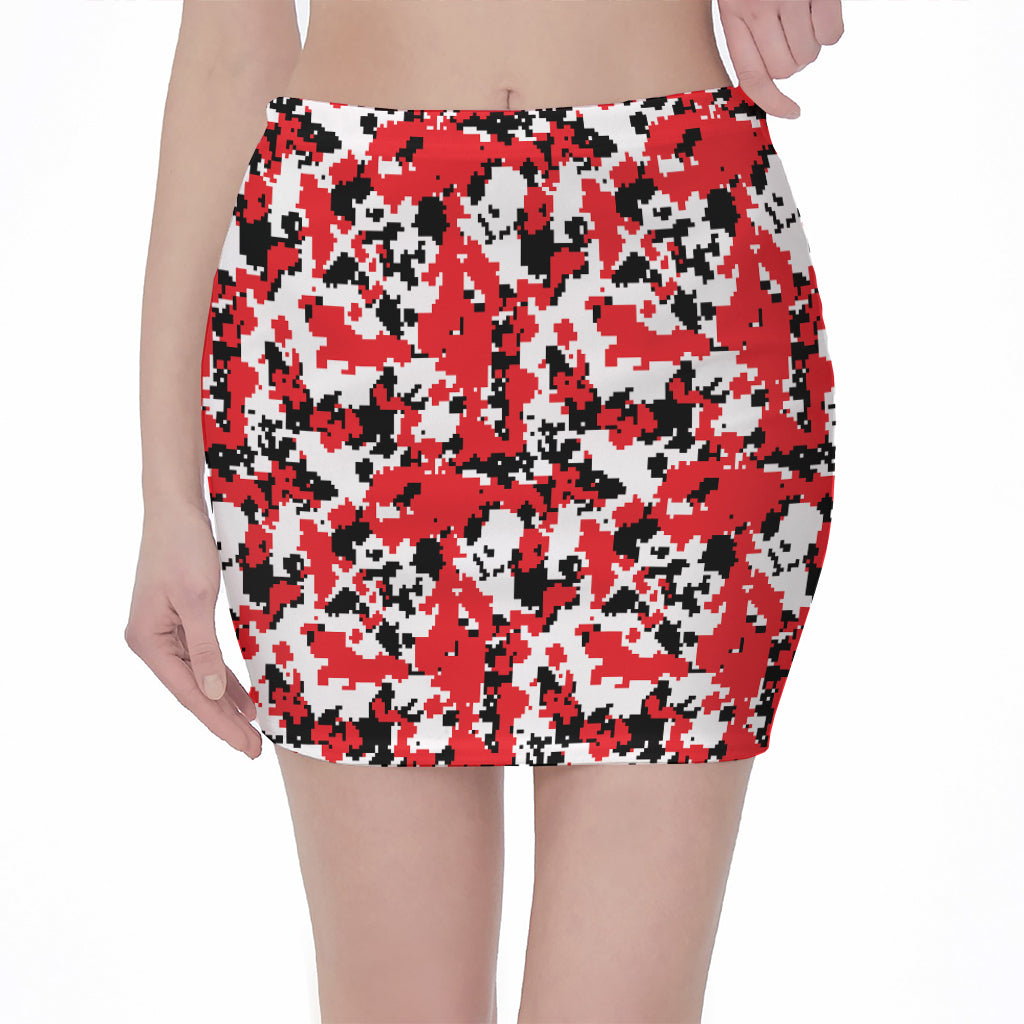 Red White And Black Digital Camo Print Pencil Mini Skirt