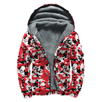 Red White And Black Digital Camo Print Sherpa Lined Zip Up Hoodie