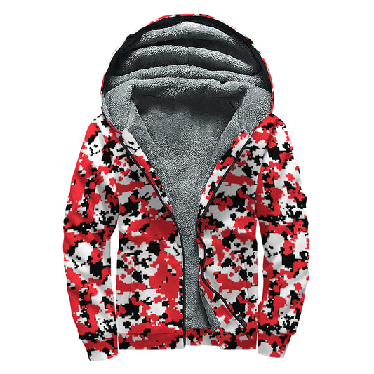 Red White And Black Digital Camo Print Sherpa Lined Zip Up Hoodie