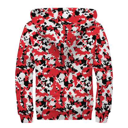 Red White And Black Digital Camo Print Sherpa Lined Zip Up Hoodie