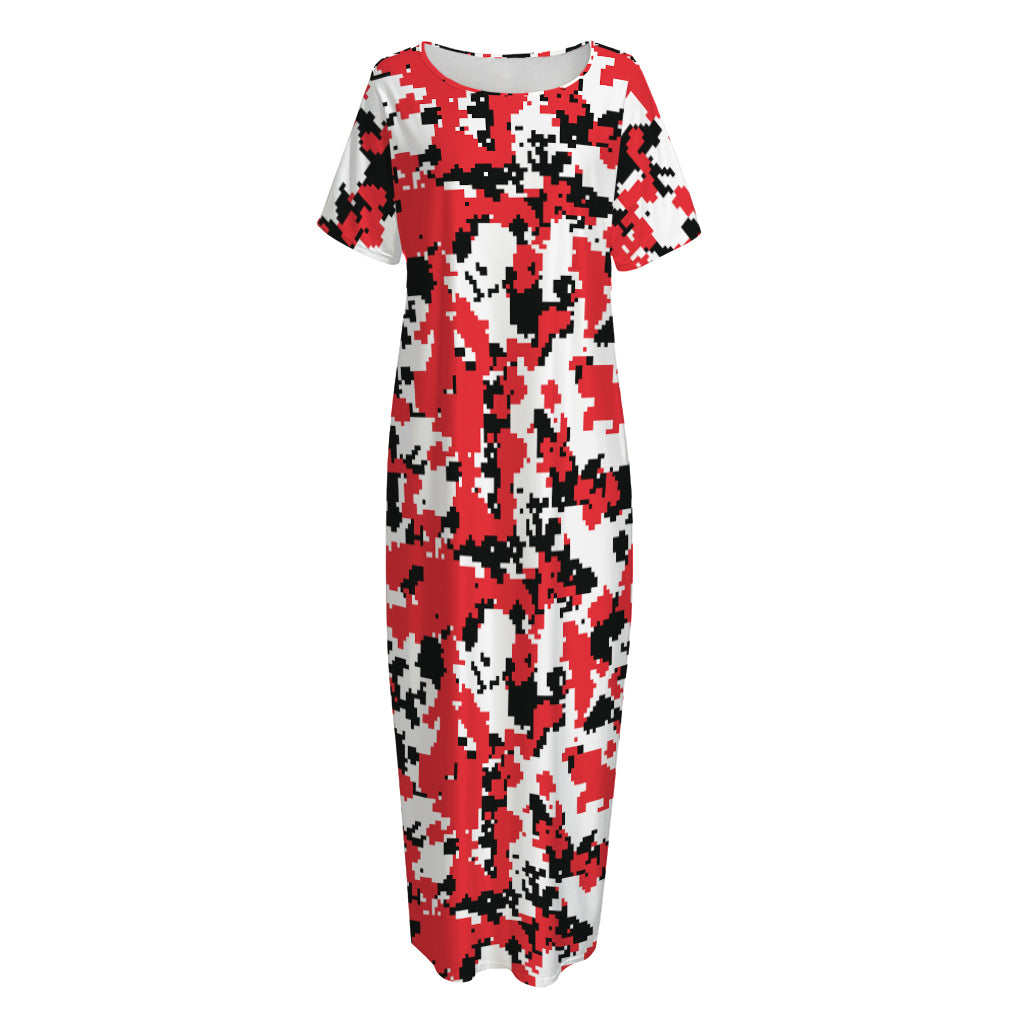 Red White And Black Digital Camo Print Short Sleeve Long Nightdress
