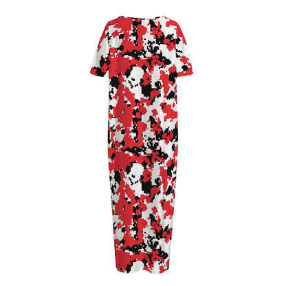 Red White And Black Digital Camo Print Short Sleeve Long Nightdress