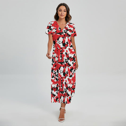 Red White And Black Digital Camo Print Short Sleeve Maxi Dress
