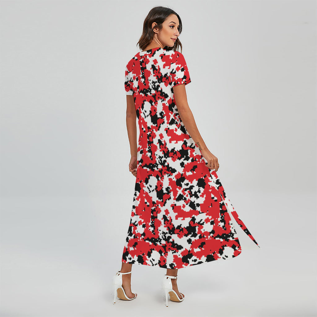 Red White And Black Digital Camo Print Short Sleeve Maxi Dress