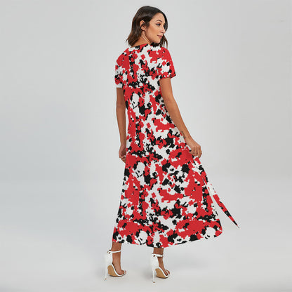 Red White And Black Digital Camo Print Short Sleeve Maxi Dress