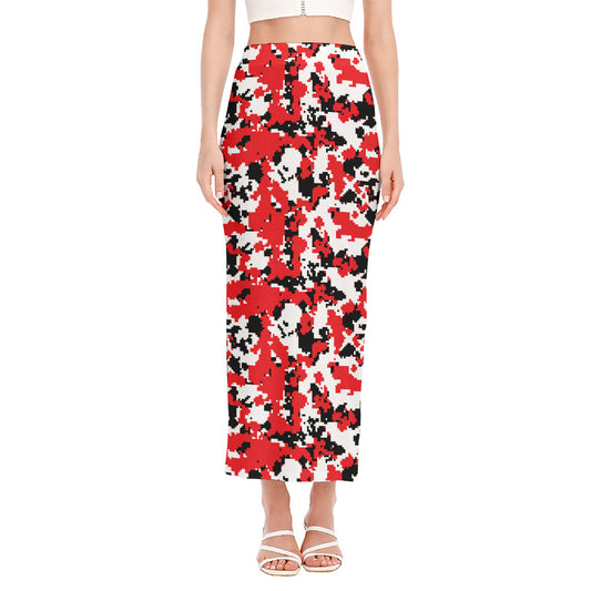 Red White And Black Digital Camo Print Side Slit Maxi Skirt