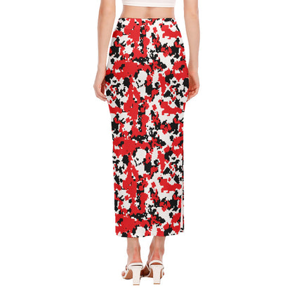 Red White And Black Digital Camo Print Side Slit Maxi Skirt