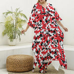 Red White And Black Digital Camo Print Silk V-Neck Kaftan Dress