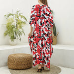 Red White And Black Digital Camo Print Silk V-Neck Kaftan Dress